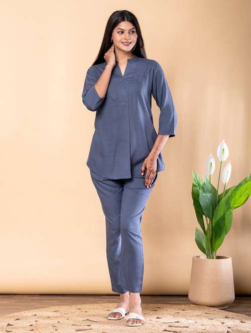 women solid three quarter sleeve ethnic co-ord set - 22072944 -  Standard Image - 0