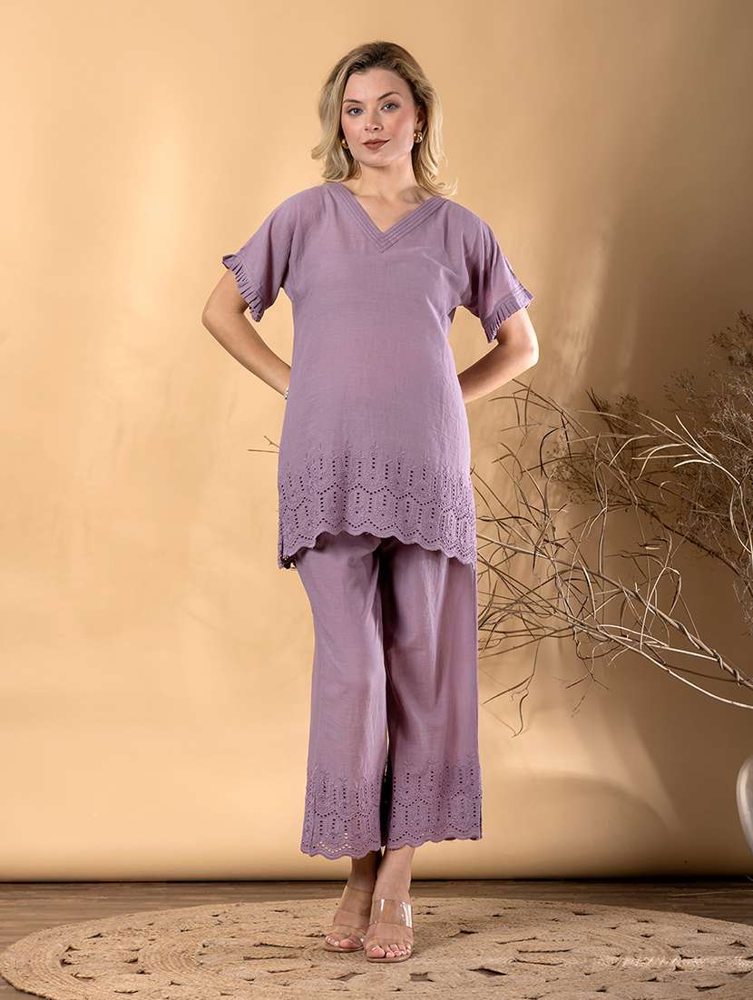 women short sleeve schiffli detailed ethnic co-ord set