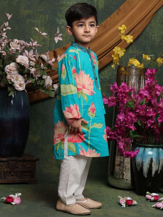 boys floral printed long sleeve kurta and pyjama set - 22072970 - Standard Image - 3
