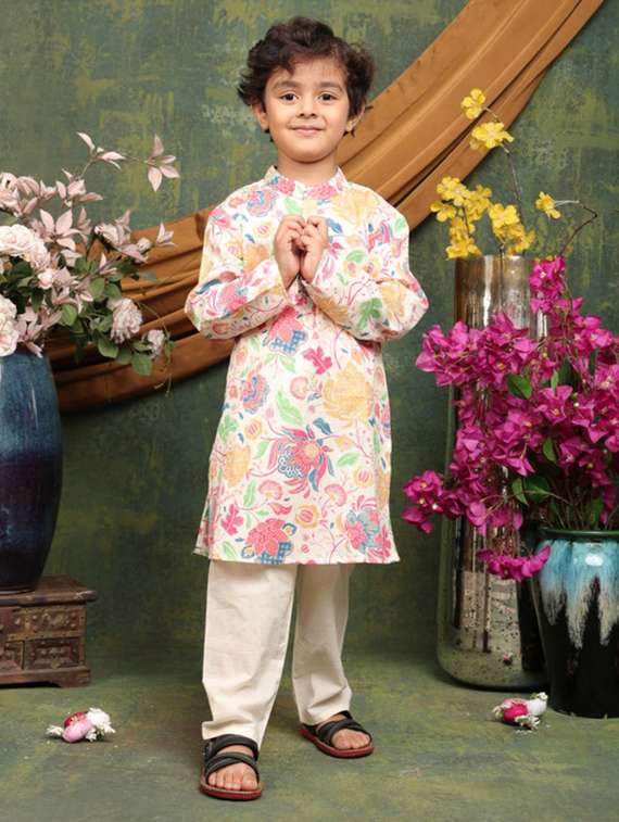 boys floral printed long sleeve kurta and pyjama set - 22072974 - Standard Image - 3
