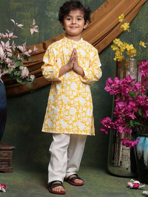 boys floral printed long sleeve kurta and pyjama set