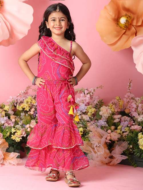 girls bandhani print sleeveless top and sharara pant set - 22072982 -  Standard Image - 0