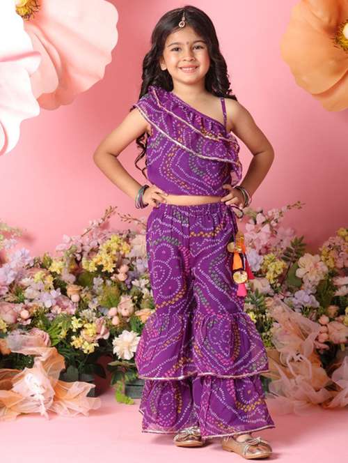 girls bandhani print sleeveless top and sharara pant set - 22072983 -  Standard Image - 0