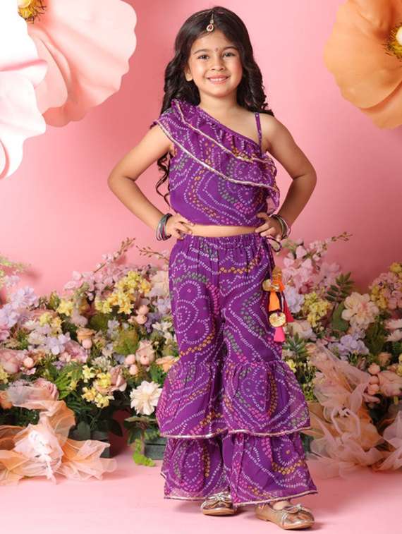 girls bandhani print sleeveless top and sharara pant set