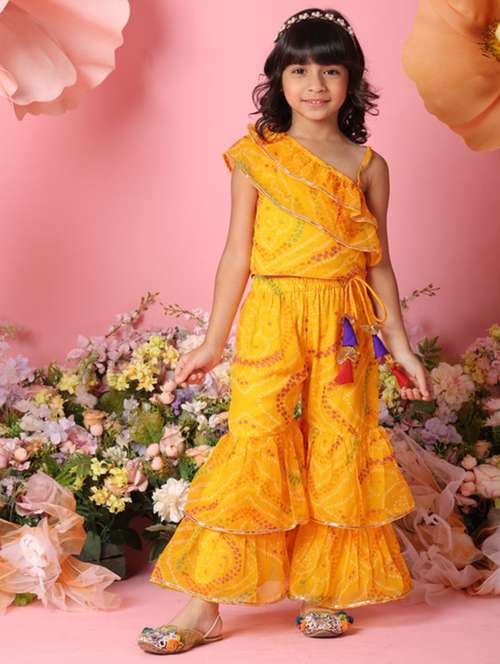 girls bandhani print sleeveless top and sharara pant set - 22072985 -  Standard Image - 0