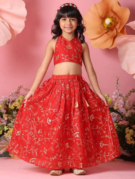 girls embroidered sleveeless lehenga choli set - 22072986 -  Zoom Image - 0
