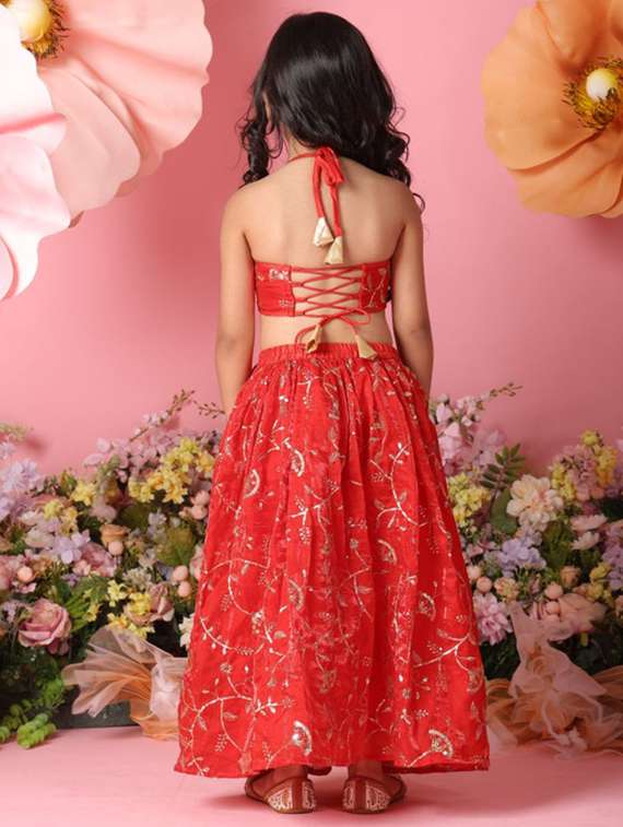 girls embroidered sleveeless lehenga choli set - 22072986 - Standard Image - 3