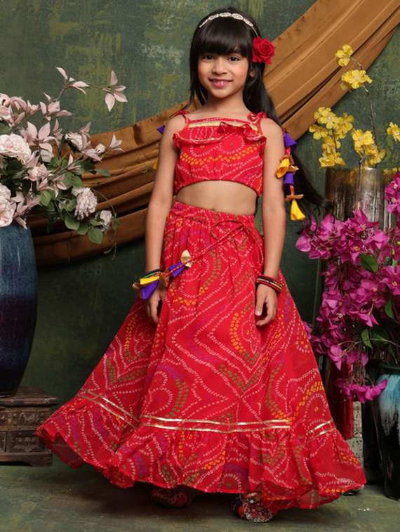 girls bandhani print sleveeless lehenga choli set - 22072991 - Zoom Image - 0