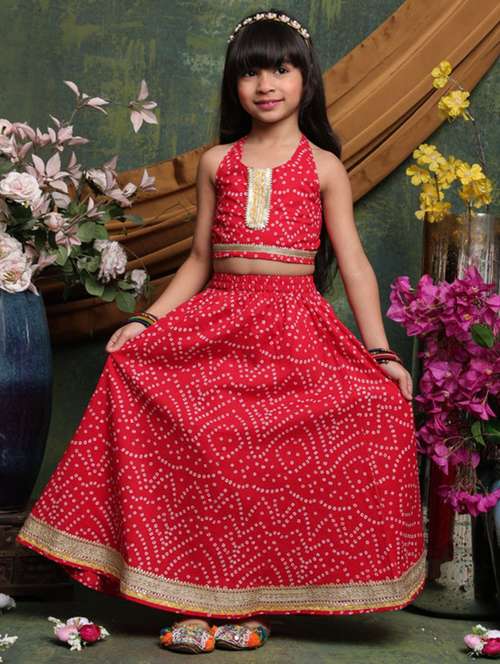 girls bandhnai print sleveeless lehenga choli set - 22072995 - Standard Image - 0