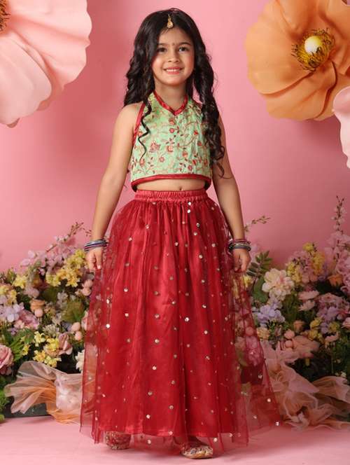 girls embroidered sleveeless lehenga choli set - 22073000 - Standard Image - 0