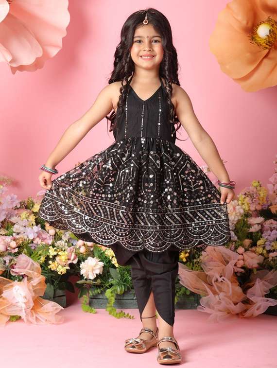 girls sequined sleeveless kurta and dhoti set