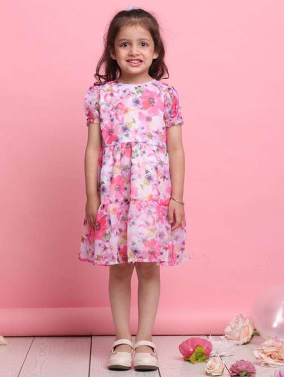 girls floral print puff sleeve tiered dress