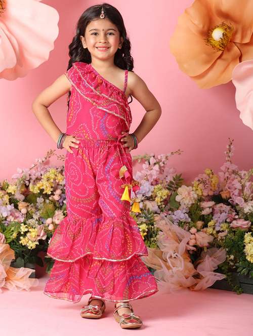 girls printed single shoulder top and sharara pant set  - 22073023 -  Standard Image - 0