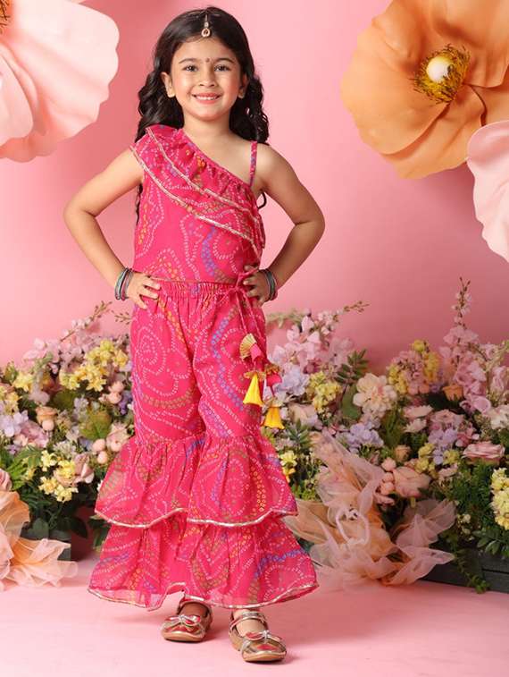 girls printed single shoulder top and sharara pant set 