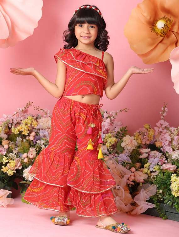 girls printed single shoulder top and sharara pant set 