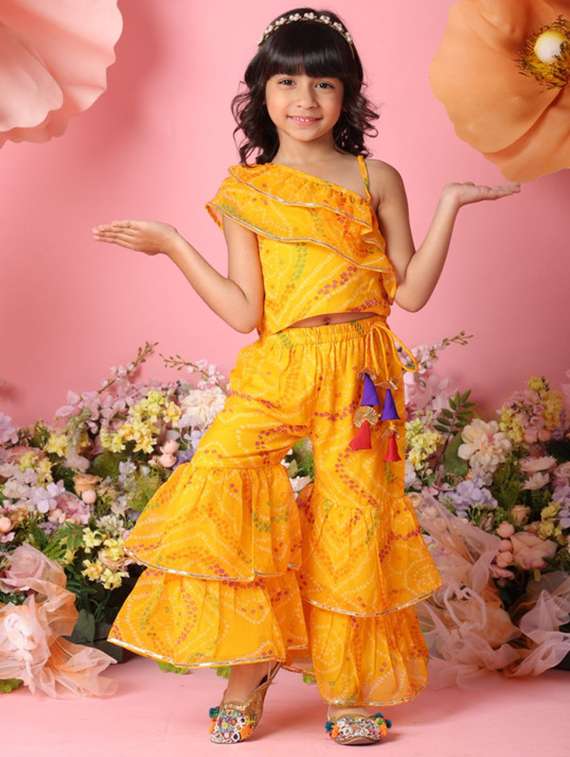 girls printed single shoulder top and sharara pant set 