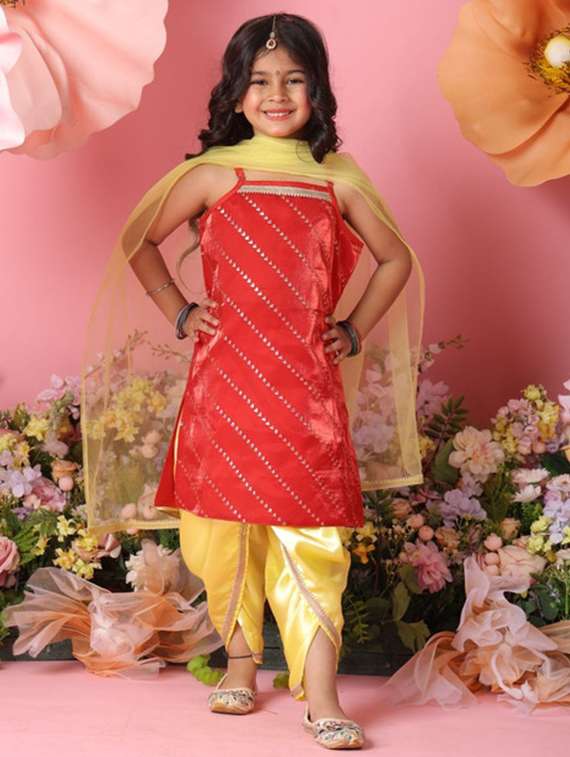 girls sleeveless kurta and dhoti set with dupatta - 22073032 - Zoom Image - 0