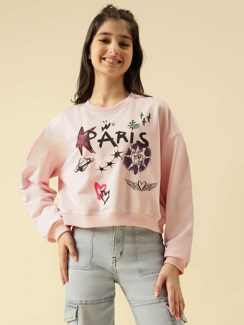girls printed long sleeve crop sweatshirt - 22073251 - Zoom Image - 0