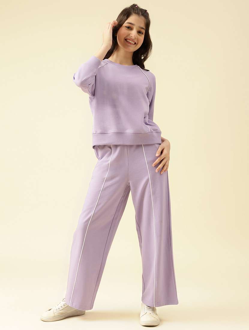 girls lavender solid active wear co-ord set