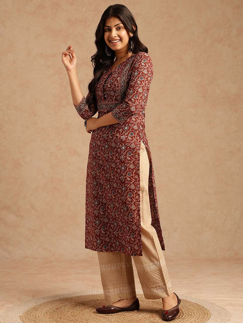women floral three quarter sleeve straight kurta - 22073285 -  Standard Image - 3