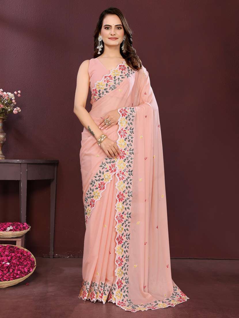 women solid with work embroidered saree with blouse