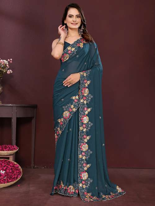 women solid with work embroidered saree with blouse - 22073948 - Standard Image - 0