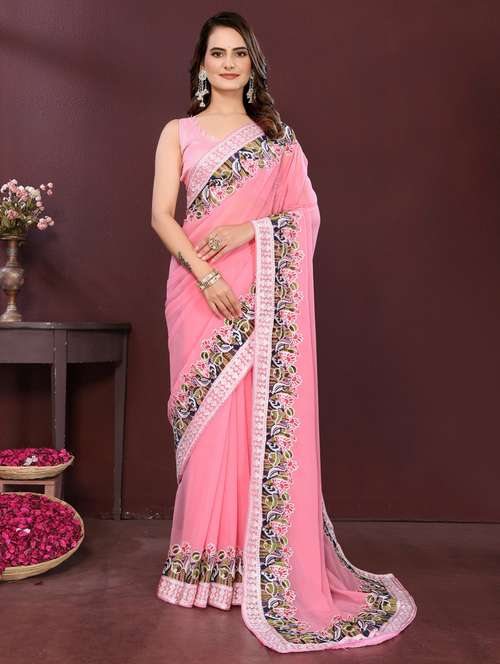 pink georgette embroidered saree with blouse - 22073950 -  Standard Image - 0