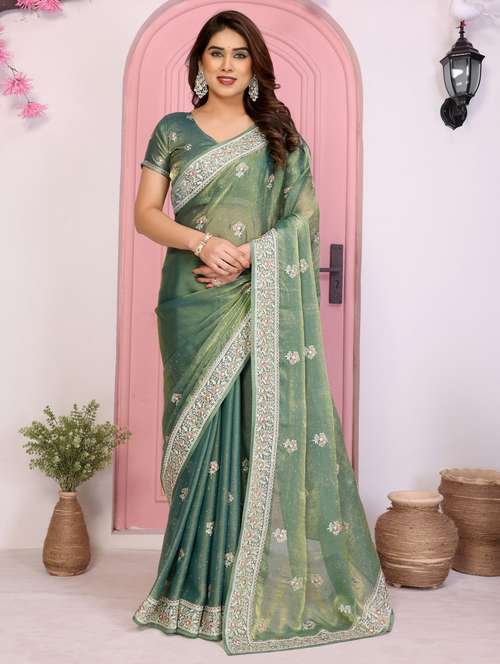 green tissue embroidered saree with blouse - 22073970 -  Standard Image - 0