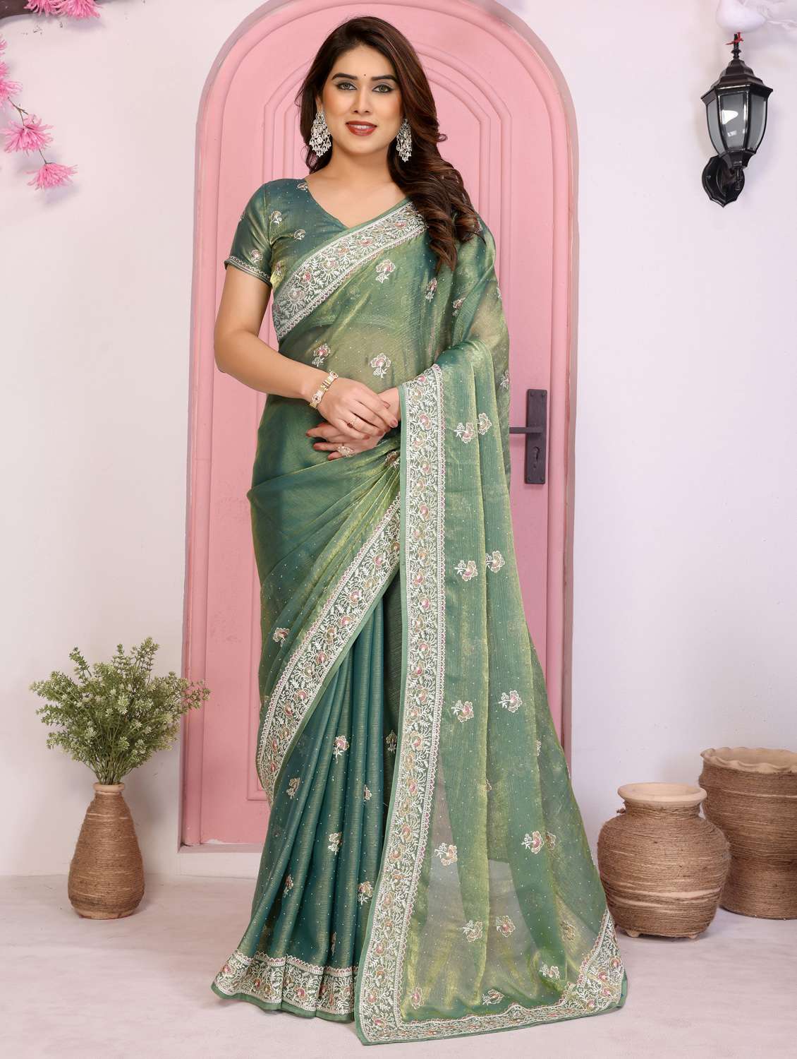 green tissue embroidered saree with blouse - 22073970 -  Zoom Image - 0