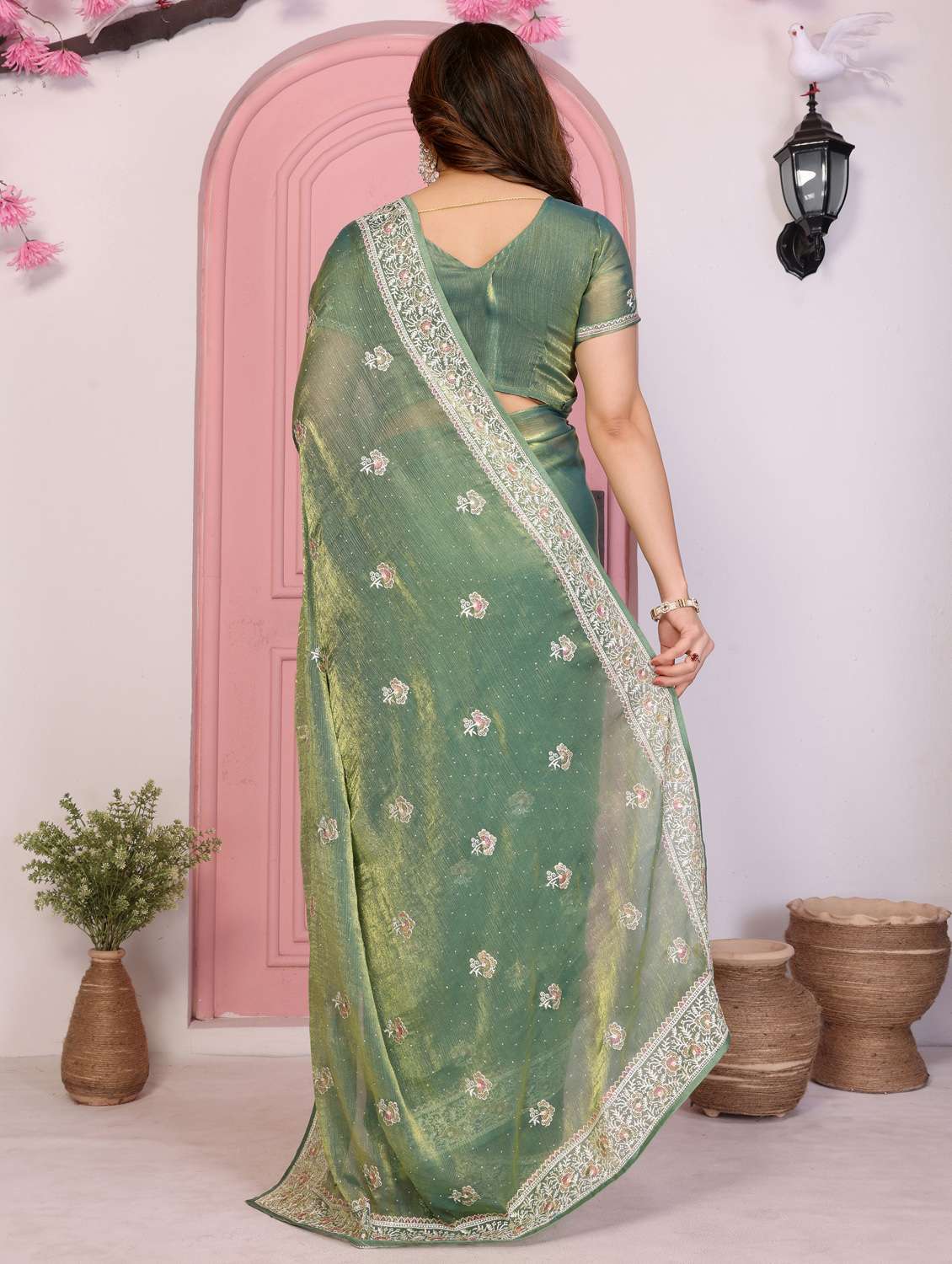green tissue embroidered saree with blouse - 22073970 - Standard Image - 3