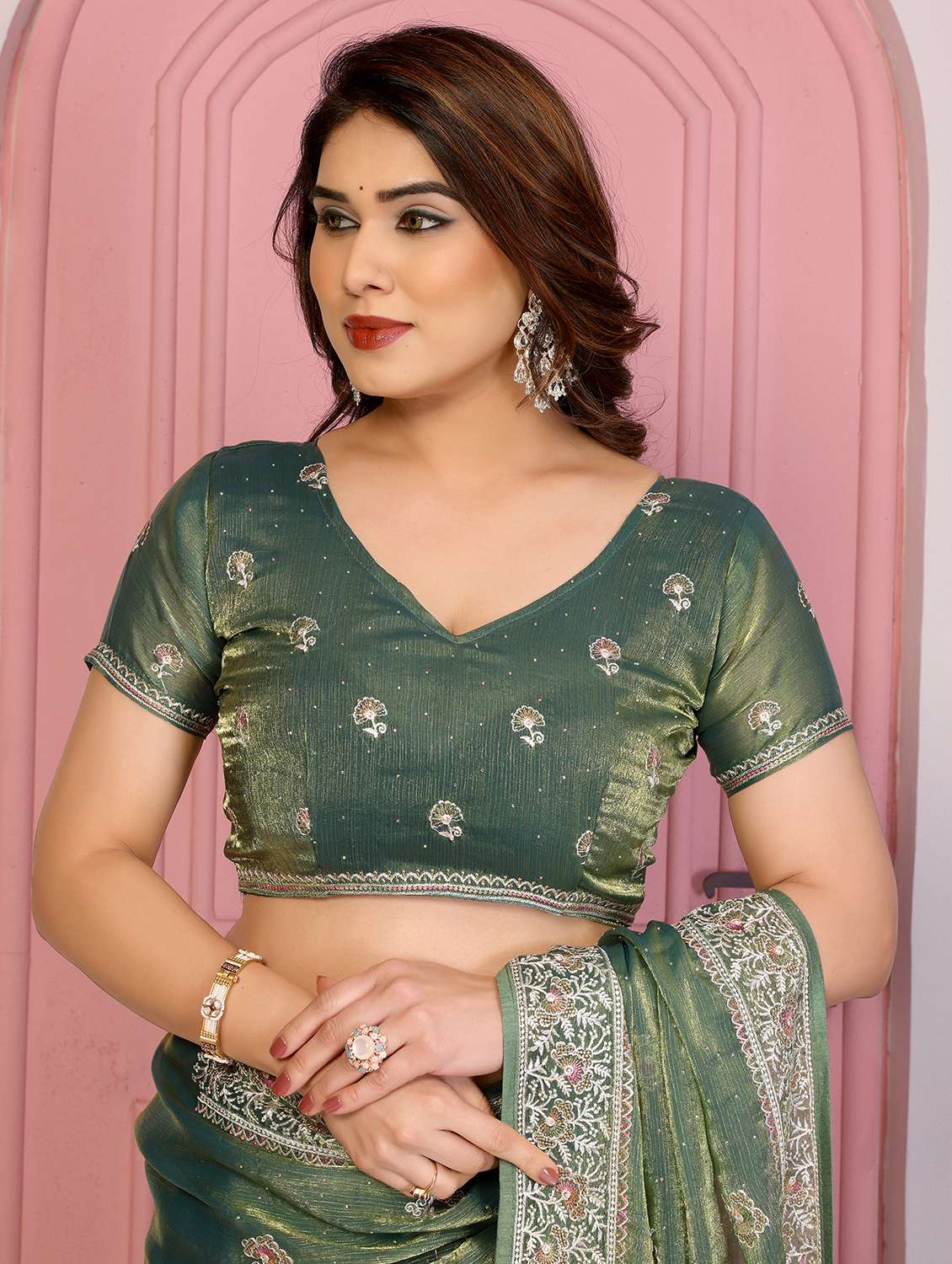 green tissue embroidered saree with blouse - 22073970 - Standard Image - 5