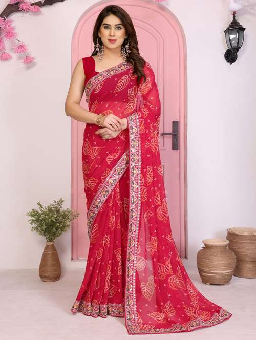 women bandhani printed bordered saree with blouse - 22073975 - Standard Image - 0