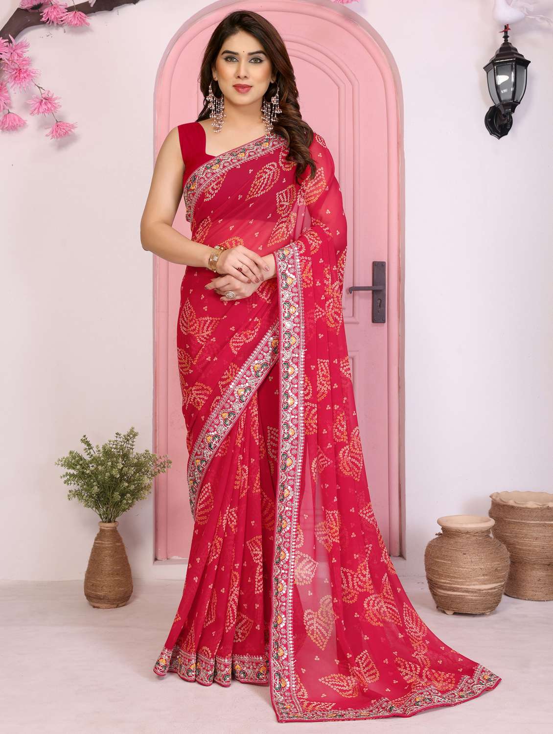 women bandhani printed bordered saree with blouse - 22073975 - Zoom Image - 0