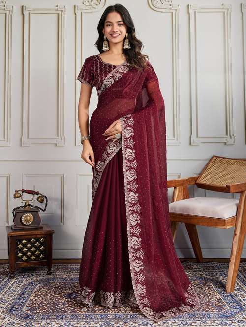 women solid with work embroidered saree with blouse - 22073987 - Standard Image - 0