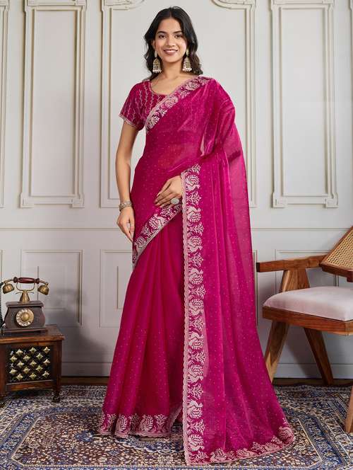 women solid with work embroidered saree with blouse - 22073989 -  Standard Image - 0