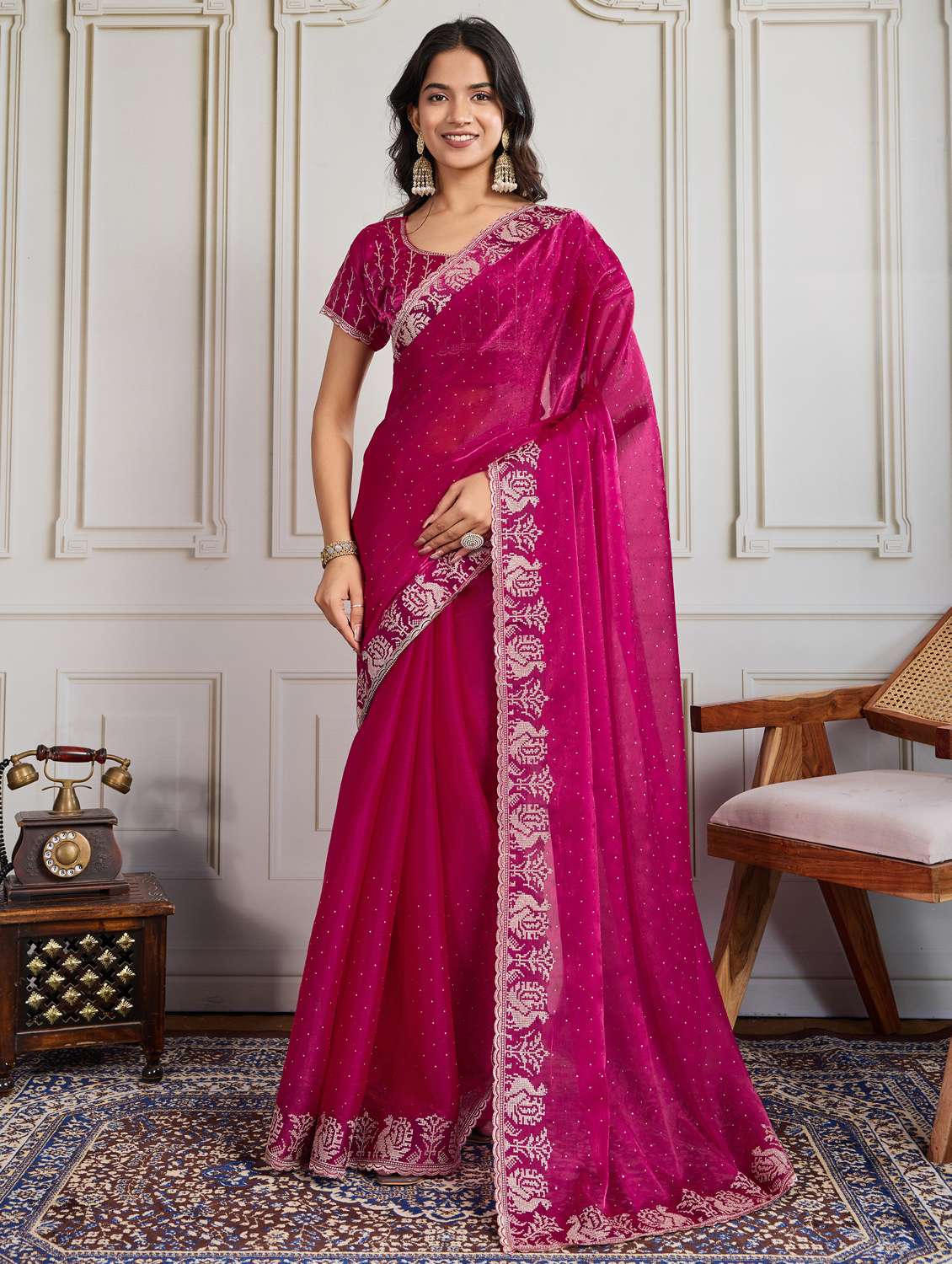 women solid with work embroidered saree with blouse