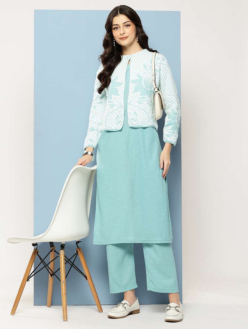 women self design long sleeve kurta pant with dupatta set