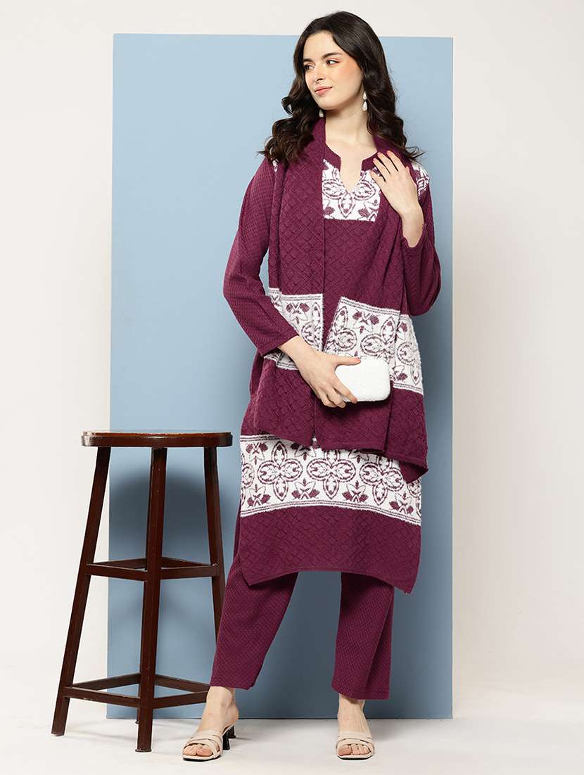 women self design long sleeve kurta pant with dupatta set