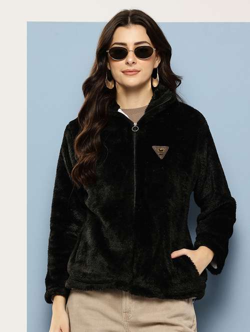 women solid stand collar long sleeve fur jacket - 22074023 - Standard Image - 0