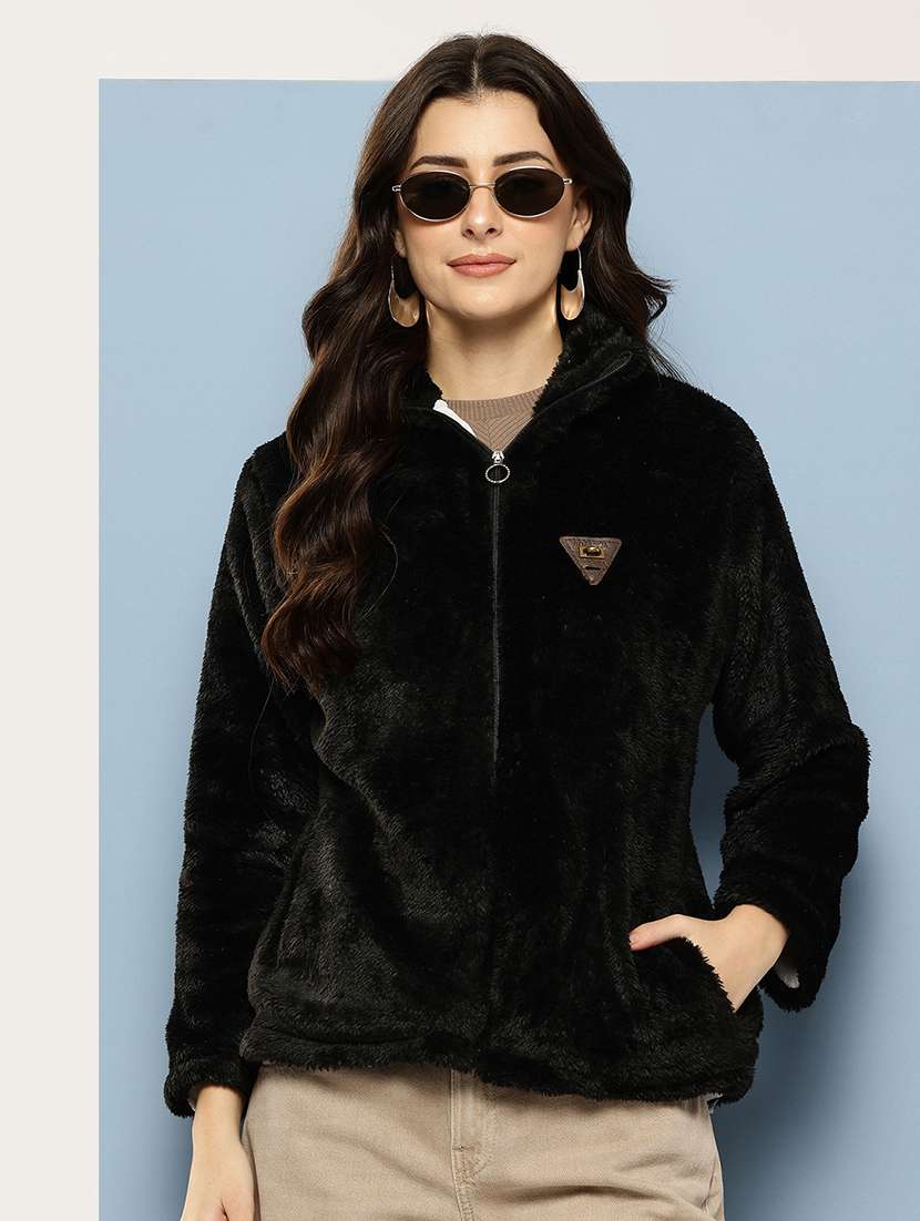 women solid stand collar long sleeve fur jacket - 22074023 - Zoom Image - 0