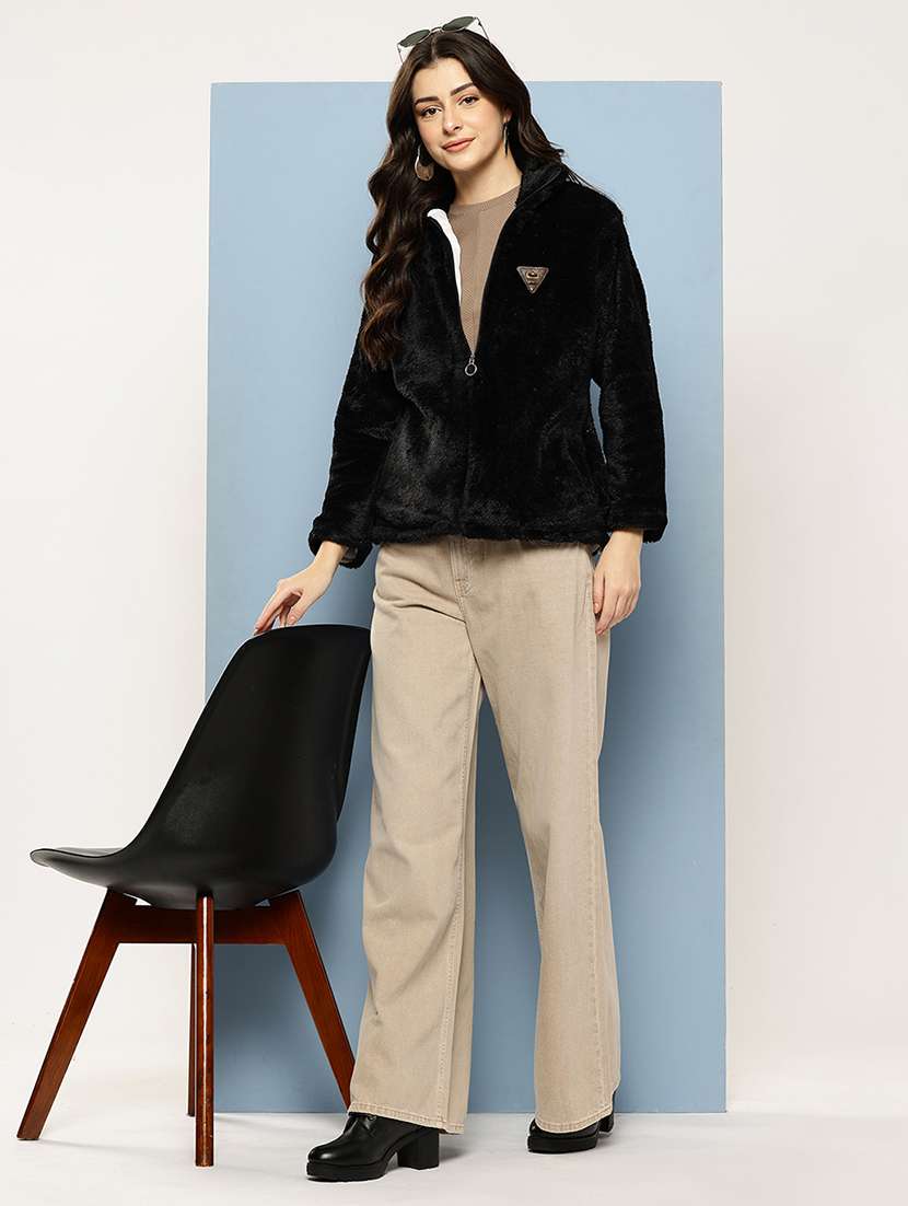 women solid stand collar long sleeve fur jacket - 22074023 - Standard Image - 3
