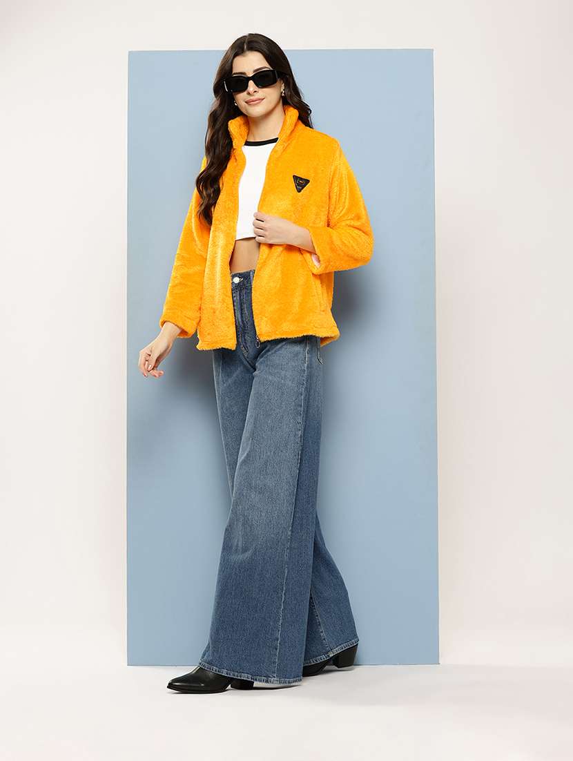 women solid stand collar long sleeve fur jacket - 22074024 -  Standard Image - 3