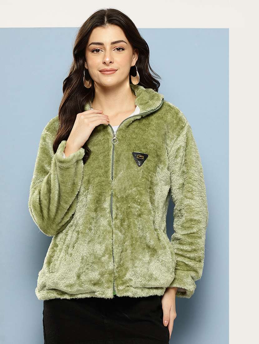 women solid stand collar long sleeve fur jacket