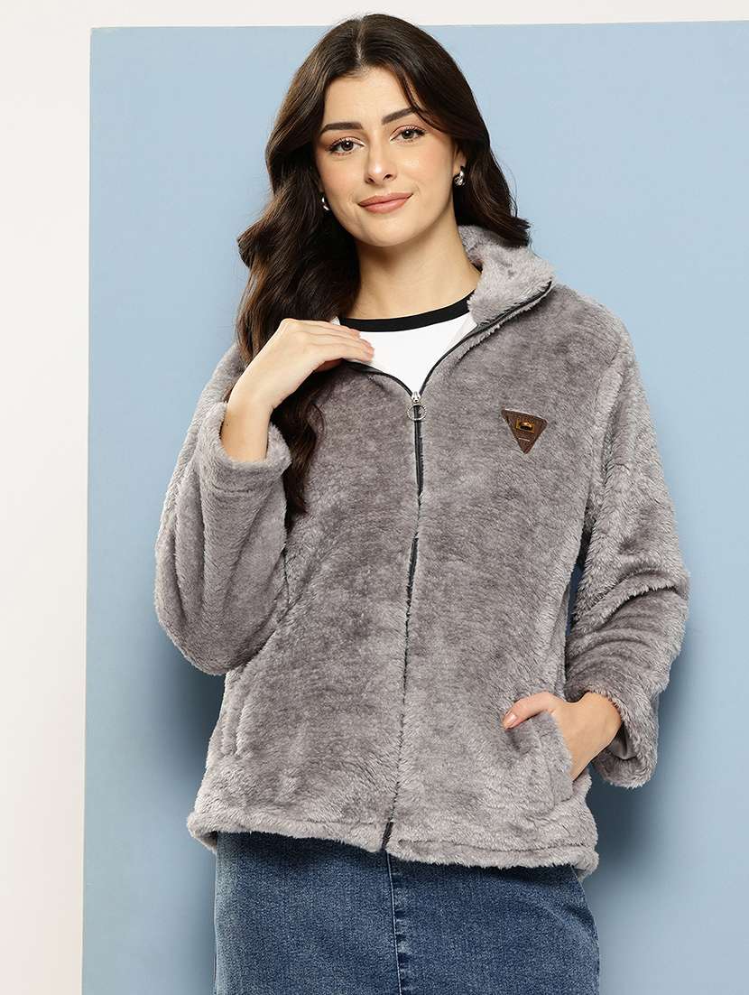 women solid stand collar long sleeve fur jacket - 22074026 - Zoom Image - 0