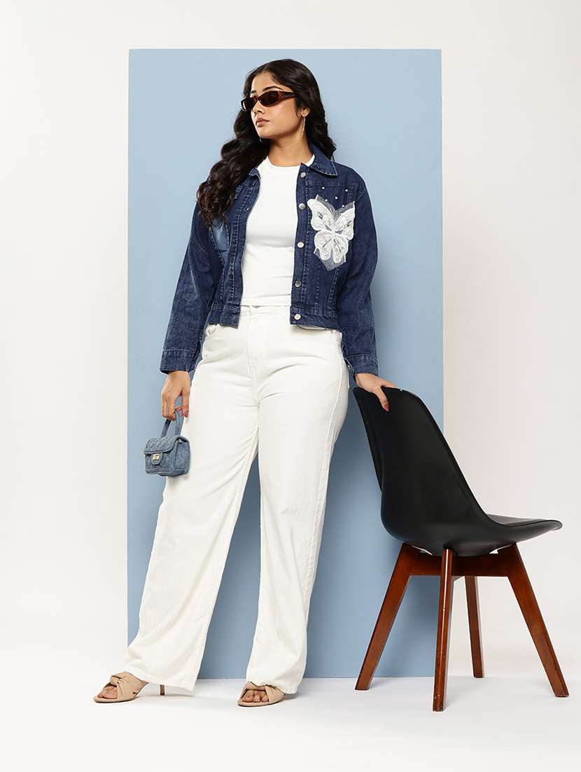 denim navy blue embroidered women jacket - 22074031 -  Standard Image - 3