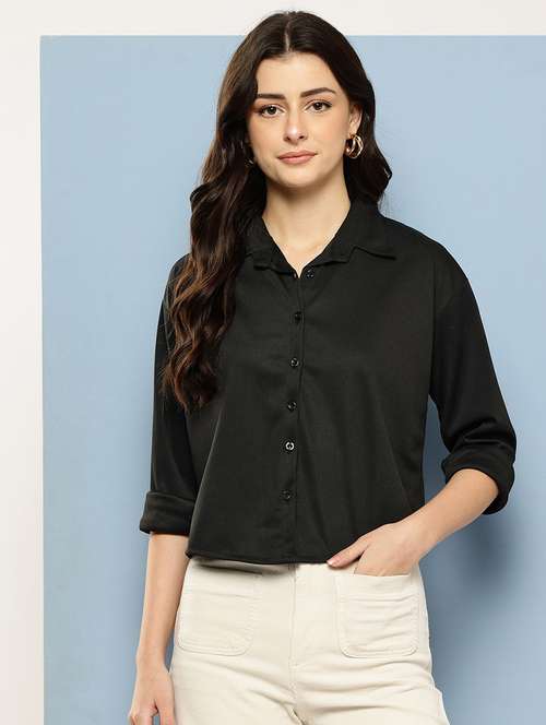 women solid collared long sleeve crop shirt - 22074053 -  Standard Image - 0