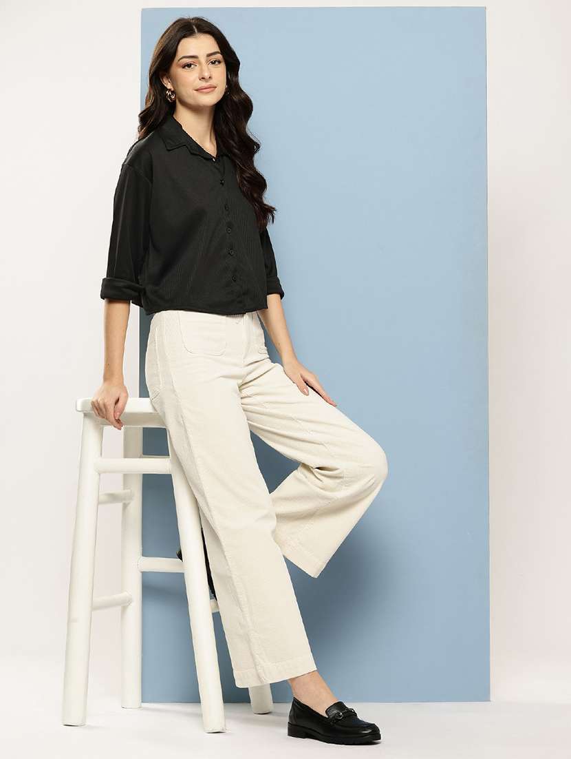 women solid collared long sleeve crop shirt - 22074053 - Standard Image - 3