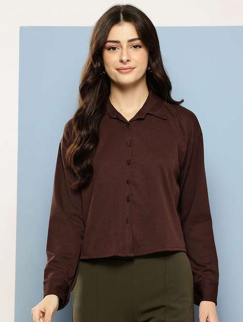 women solid collared long sleeve crop shirt - 22074054 -  Standard Image - 0