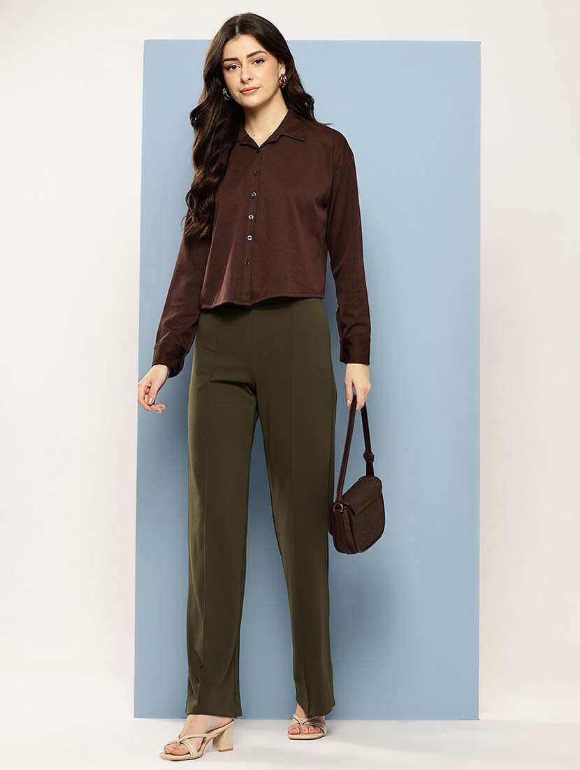 women solid collared long sleeve crop shirt - 22074054 - Standard Image - 3