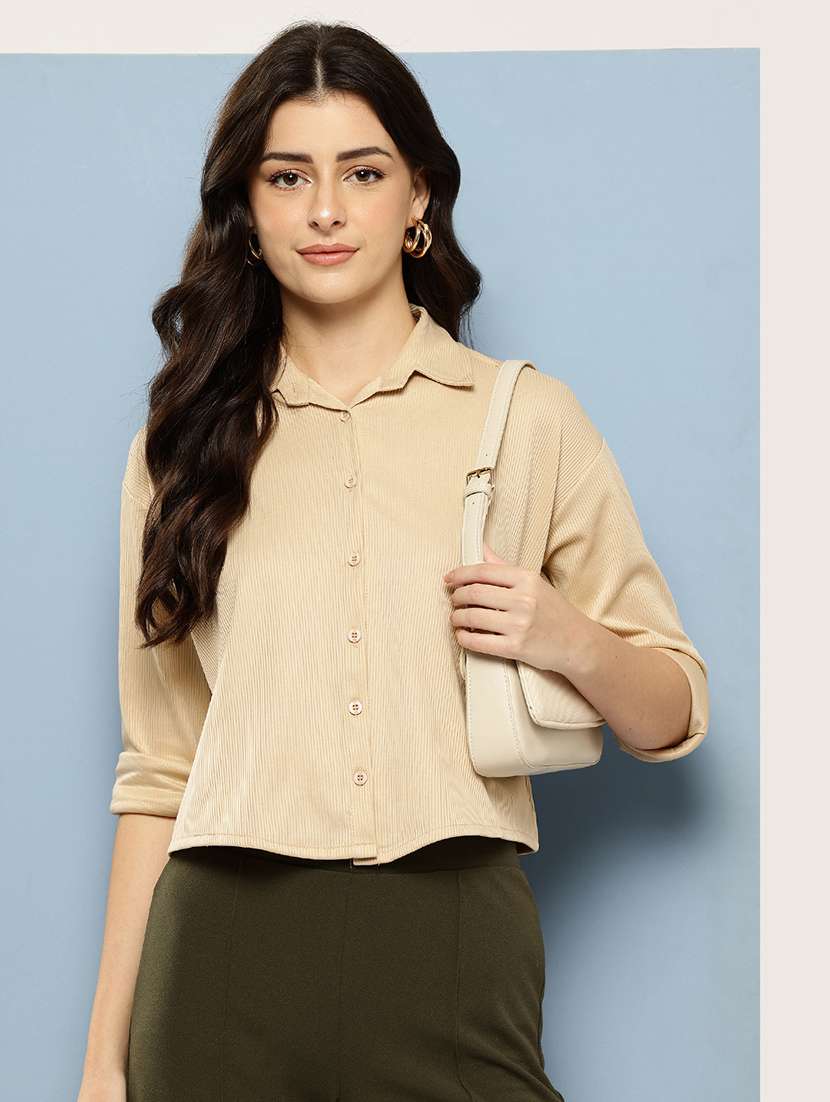 women solid collared long sleeve crop shirt - 22074055 -  Zoom Image - 0